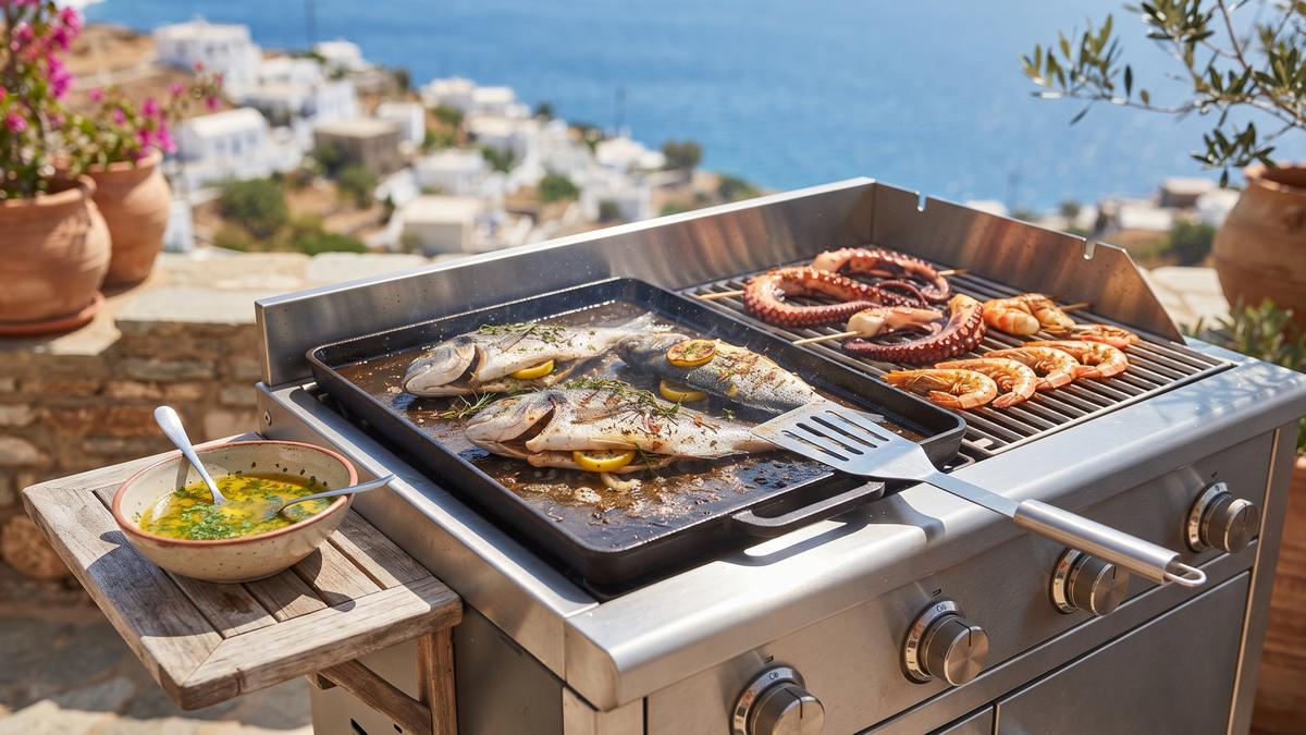 Τσιπούρες και λαβράκια με λεμόνι στην πλάκα ψησταριάς